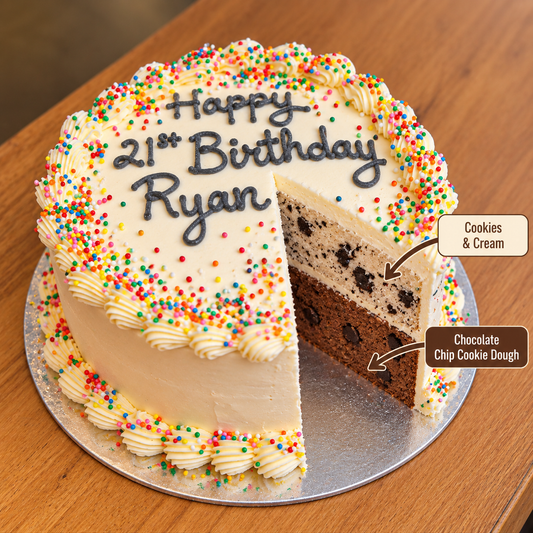 front view of Celebrations ice cream Cake - Design #3 - No Cones with two ben & jerry's ice cream flavours inside
