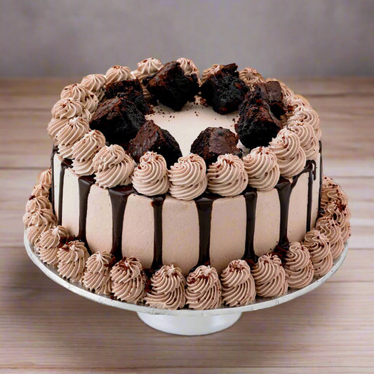 Front view of a chocolate fudge brownie-themed birthday cake made with Ben & Jerry's ice cream in Adelaide, showcasing its rich dessert-inspired presentation.