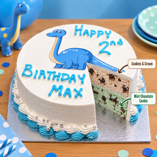 front view of Dinosaur ice cream Cake #2 with two ben & jerry's ice cream flavours inside