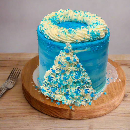 Full view of a tall Frozen Elsa birthday cake handcrafted in Adelaide using Ben & Jerry's ice cream, featuring a magical Disney princess-inspired design.