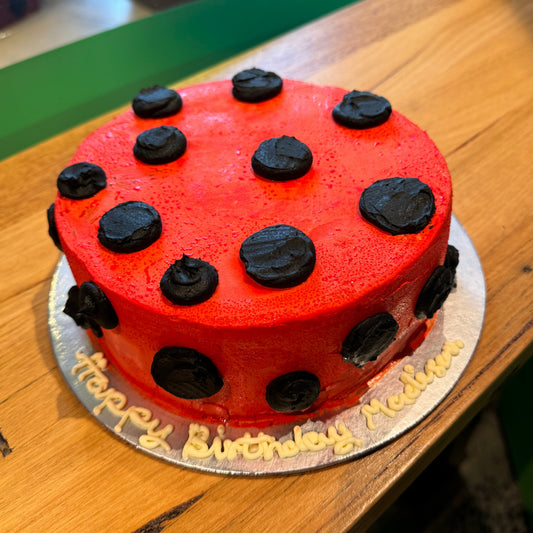 top view of a cute ladybug birthday cake made with Ben & Jerry's ice cream in Adelaide, showcasing its playful spotted character theme.