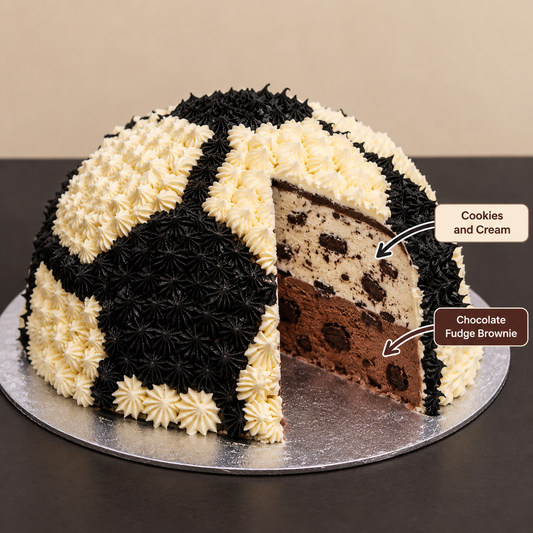 front view of Soccer Ball ice cream Cake - Dome Shaped with two ben & jerry's flavours inside