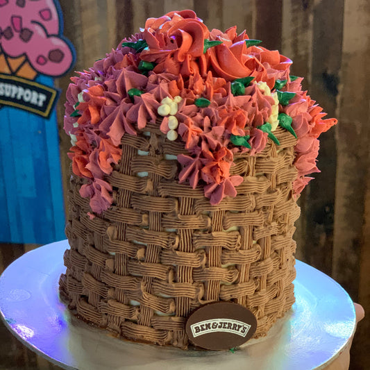 Front view of a rose basket birthday cake made with Ben & Jerry's ice cream in Adelaide, showcasing its beautiful basket-inspired floral styling.