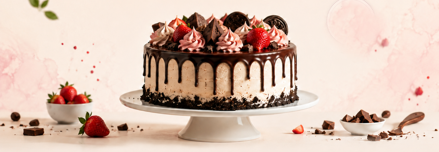Chocolate drip ice cream cake topped with strawberries, meringues and chocolate, on a white cake stand