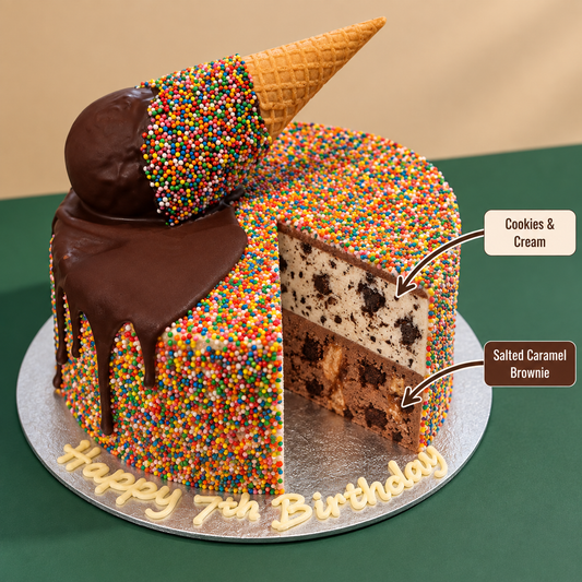front view of 100s and 1000s Confetti Melting Cone ice cream cake with two ben & jerry's ice cream flavours inside 