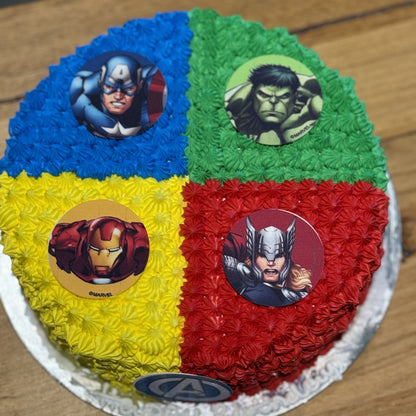 top view of an Avengers ice cream cake highlighting the vibrant superhero-themed details and colourful birthday decorations.