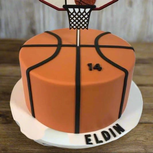 Full view of a double-tier basketball birthday cake handcrafted in Adelaide using Ben & Jerry's ice cream, featuring a simple, piping-free design.