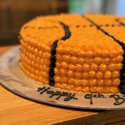 Close-up of the orange and black basketball-inspired decorations on a round birthday cake handcrafted in Adelaide using Ben & Jerry's ice cream.