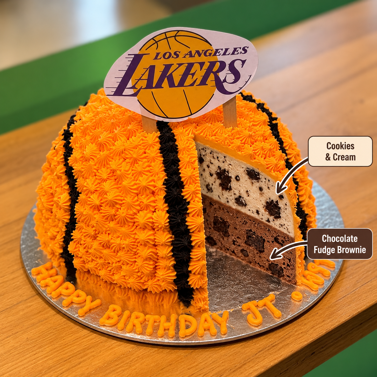 front view of Basketball ice cream Cake - Dome Shaped with two ben & jerry's ice cream flavours inside 