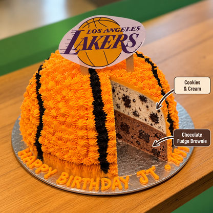 front view of Basketball ice cream Cake - Dome Shaped with two ben & jerry's ice cream flavours inside 