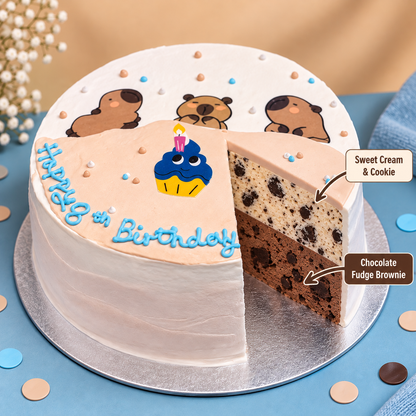 front view of Capybara Celebration ice cream Cake with two ben & jerry's ice cream flavours inside 