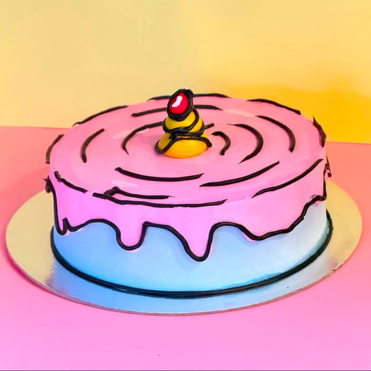 Full view of a cartoon-style birthday cake handcrafted in Adelaide using Ben & Jerry's ice cream, featuring a playful illustrated design.