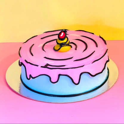 front view of a handcrafted cartoon-style ice cream cake made using Ben & Jerry's ice cream in Adelaide, highlighting its illustrated decorative finish.