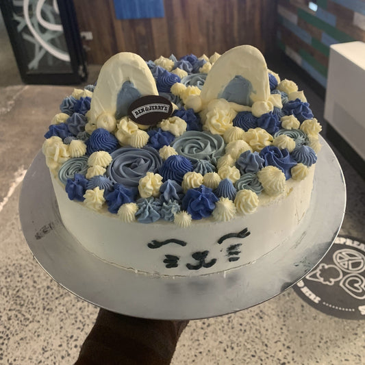 Full view of a cute cat-themed birthday cake, Design #2, handcrafted in Adelaide using Ben & Jerry's ice cream for a feline-inspired celebration.