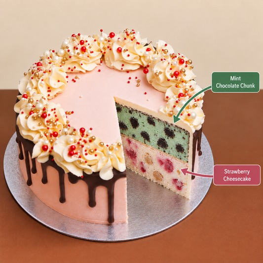 front view of Celebrations Cake with Choc Ganache - Design #5 with two ben & jerry's ice cream flavours inside 
