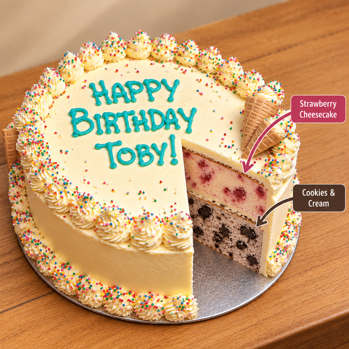 front view of Celebrations Cake with two ben & jerry's ice cream flavours inside 