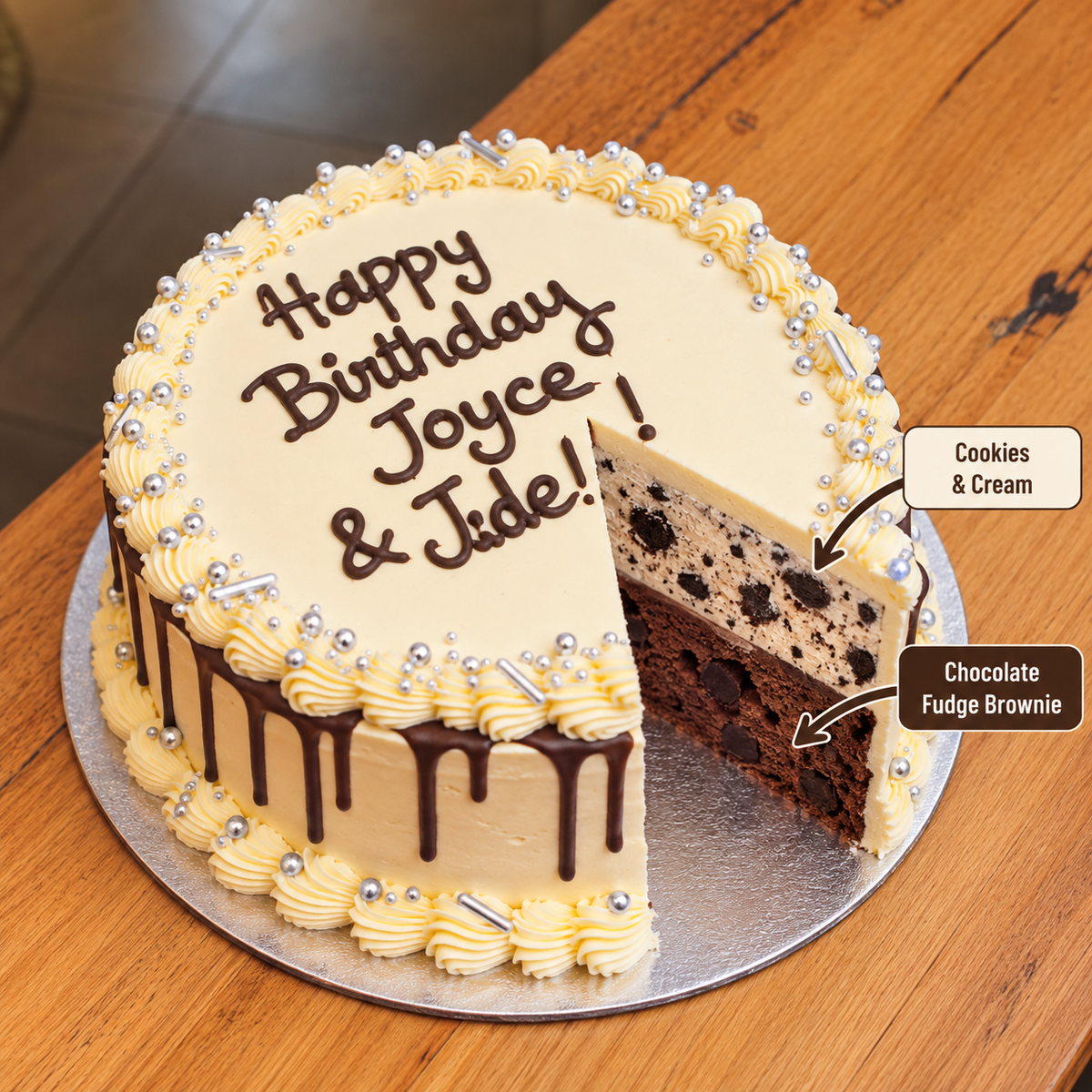 front view of Celebrations ice cream Cake - Design #2 with two ben & jerry's ice cream flavours inside 