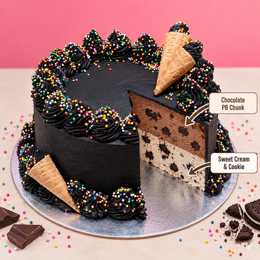 front view of Celebrations ice cream Cake - Dark Side/Black - Design#6 with two ben & jerry's ice cream flavours inside 