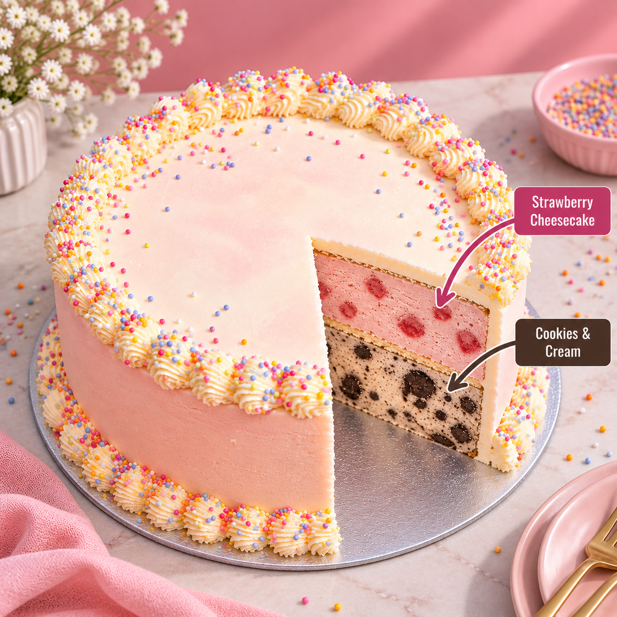front view of Celebrations ice cream Cake - Design #4 with two ben & jerry's ice cream flavours inside 