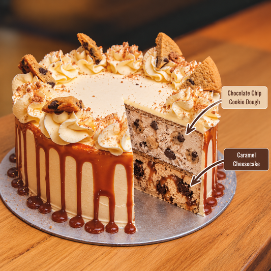 front view of Choc Chip Cookie Caramel Drip ice cream Cake with two ben & jerry's ice cream flavours inside 