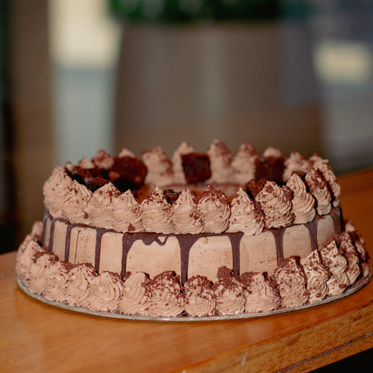 Full view of a chocolate fudge brownie birthday cake handcrafted in Adelaide using Ben & Jerry's ice cream, featuring an indulgent chocolate-inspired design.