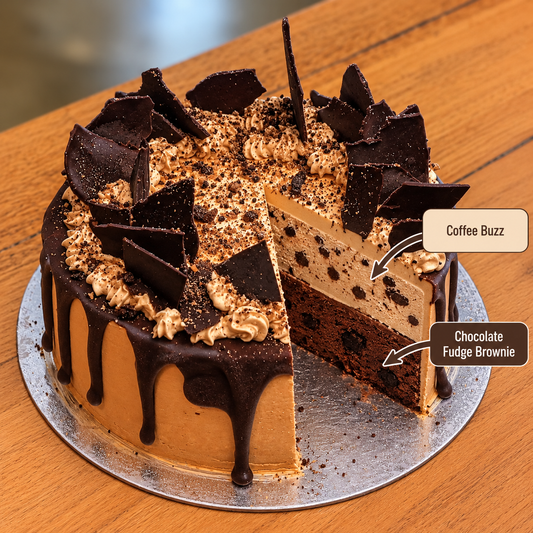 front view of Choc Shard ice cream Cake with two ben & jerry's ice cream flavours inside 