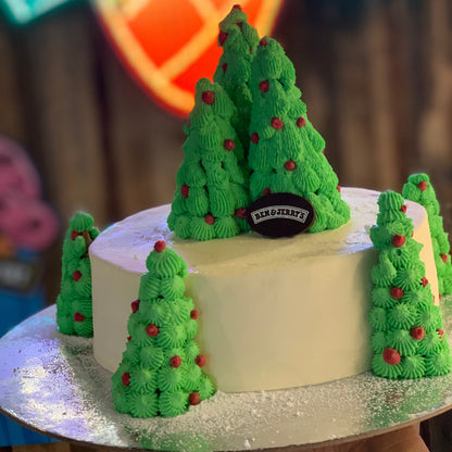 Full view of a festive Christmas tree-themed cake handcrafted in Adelaide using Ben & Jerry's ice cream, designed for Christmas celebrations.