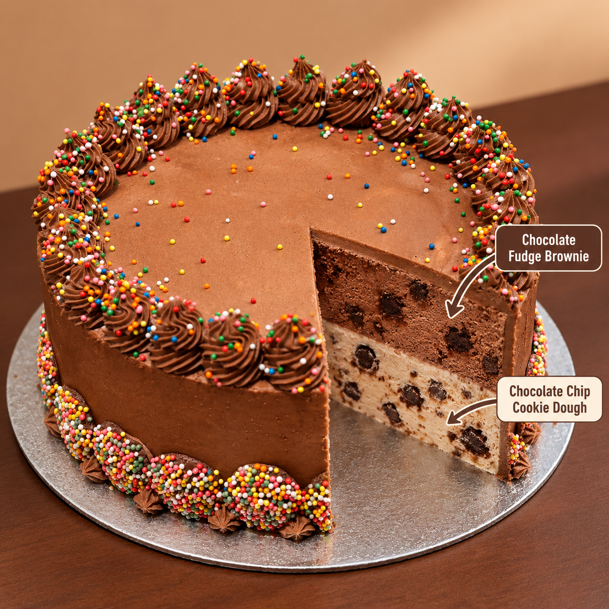 front view of Classic Chocolate Celebrations ice cream Cake with two ben & jerry's ice cream flavors inside 