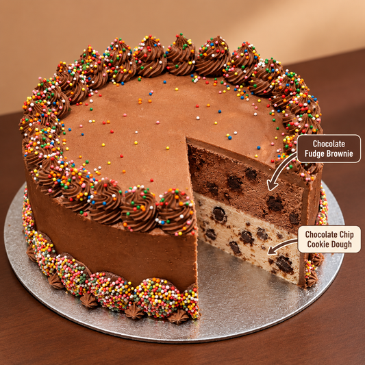 front view of Classic Chocolate Celebrations ice cream Cake with two ben & jerry's ice cream flavors inside 