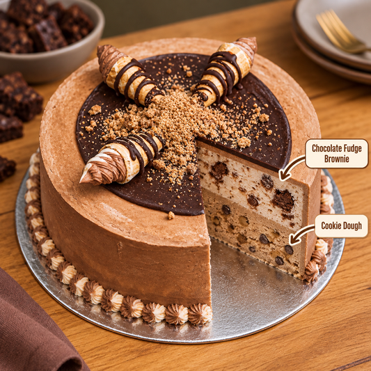 front view of Cream Cones ice cream Cake with Choc Ganache with two ben & jerry's ice cream flavours inside 