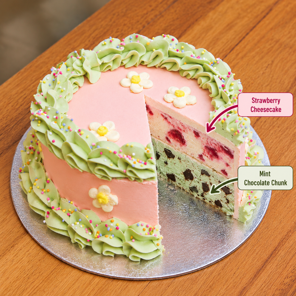 top view of Daisy Flowers ice cream Cake with two ben & jerry's ice cream flavours inside 