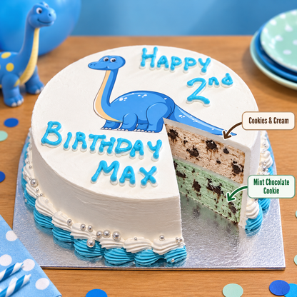 front view of Dinosaur ice cream Cake #2 with two ben & jerry's ice cream flavours inside 