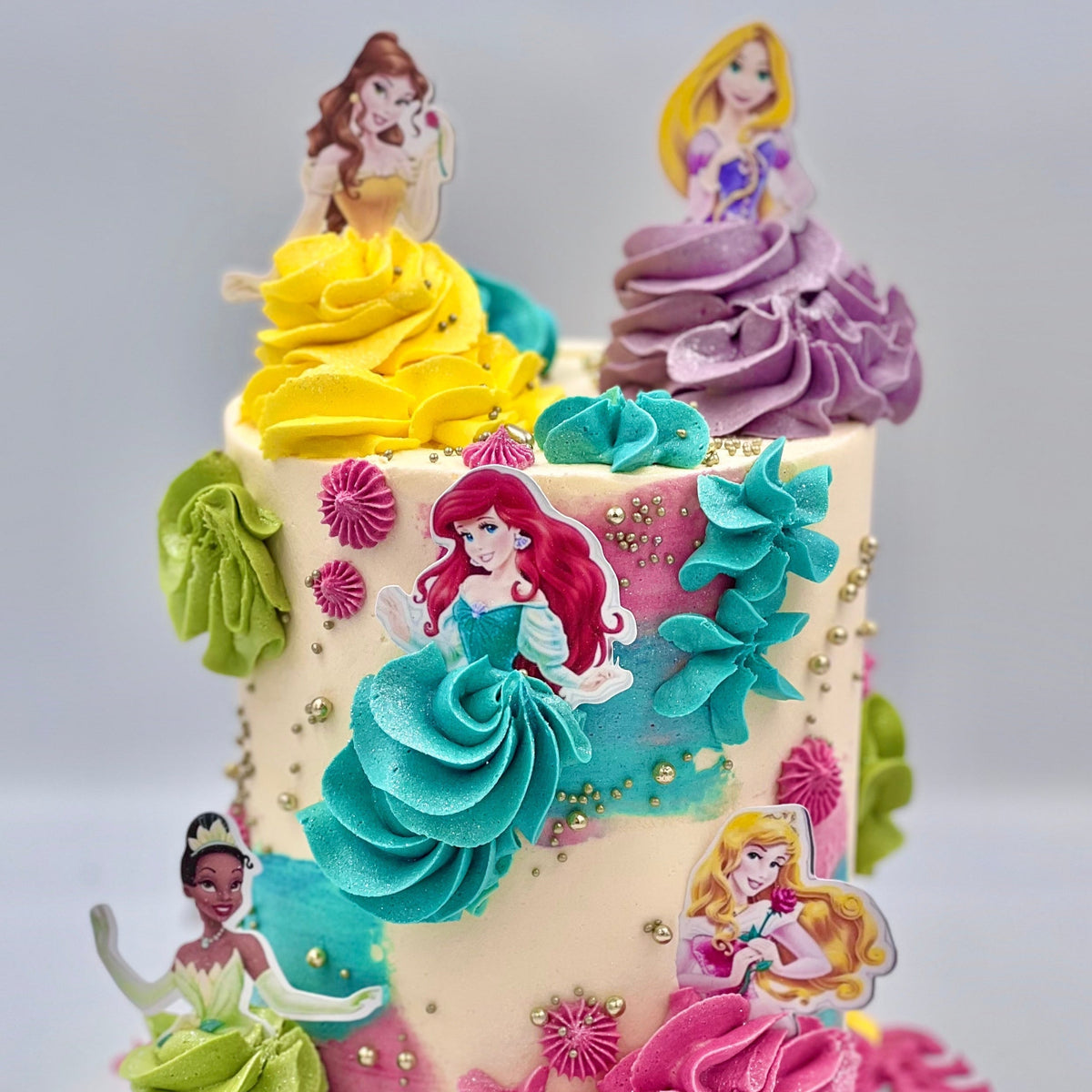 Full view of a Disney Princess mud or sponge birthday cake handcrafted in Adelaide, featuring a magical fairytale-inspired design.