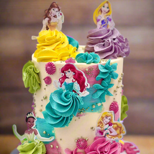 Front view of a Disney Princess mud or sponge cake in Adelaide, showcasing its enchanting princess-themed decorations.