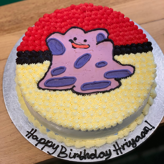 Full view of a Ditto Pokémon birthday cake handcrafted in Adelaide using Ben & Jerry's ice cream, featuring the adorable purple Pokémon character theme.
