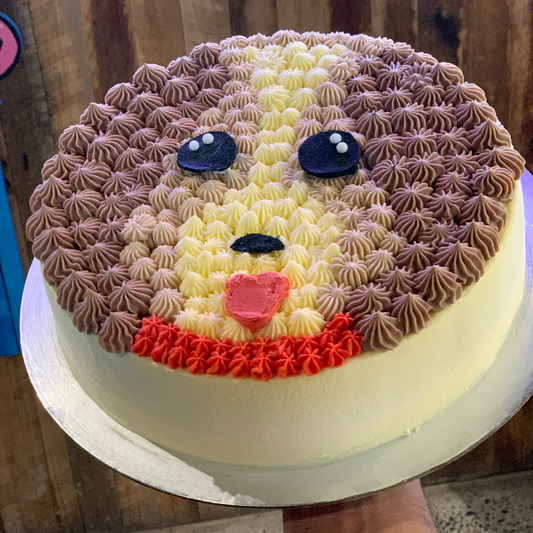 Full view of an adorable dog-themed birthday cake handcrafted in Adelaide using Ben & Jerry's ice cream, featuring a playful puppy-inspired design.