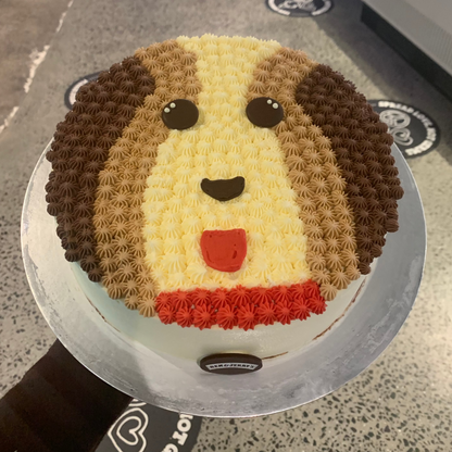 top view of a cute doggo birthday cake made with Ben & Jerry's ice cream in Adelaide, showcasing its charming canine-inspired presentation.