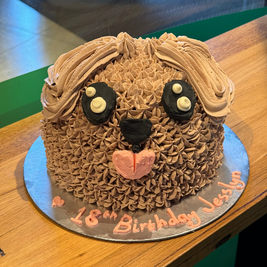 Full view of a dome-shaped dog birthday cake handcrafted in Adelaide using Ben & Jerry's ice cream, featuring an adorable puppy-inspired design.