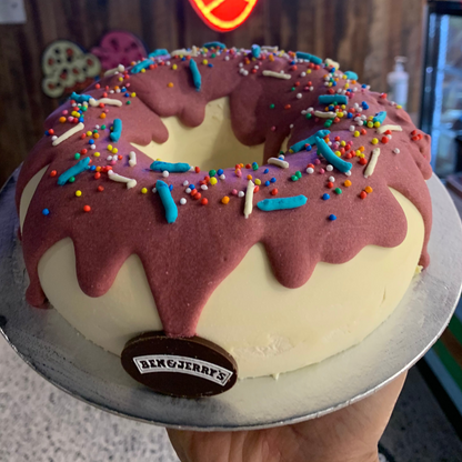 Front view of a donut-shaped birthday cake made with Ben & Jerry's ice cream in Adelaide, showcasing its distinctive ring-shaped presentation.