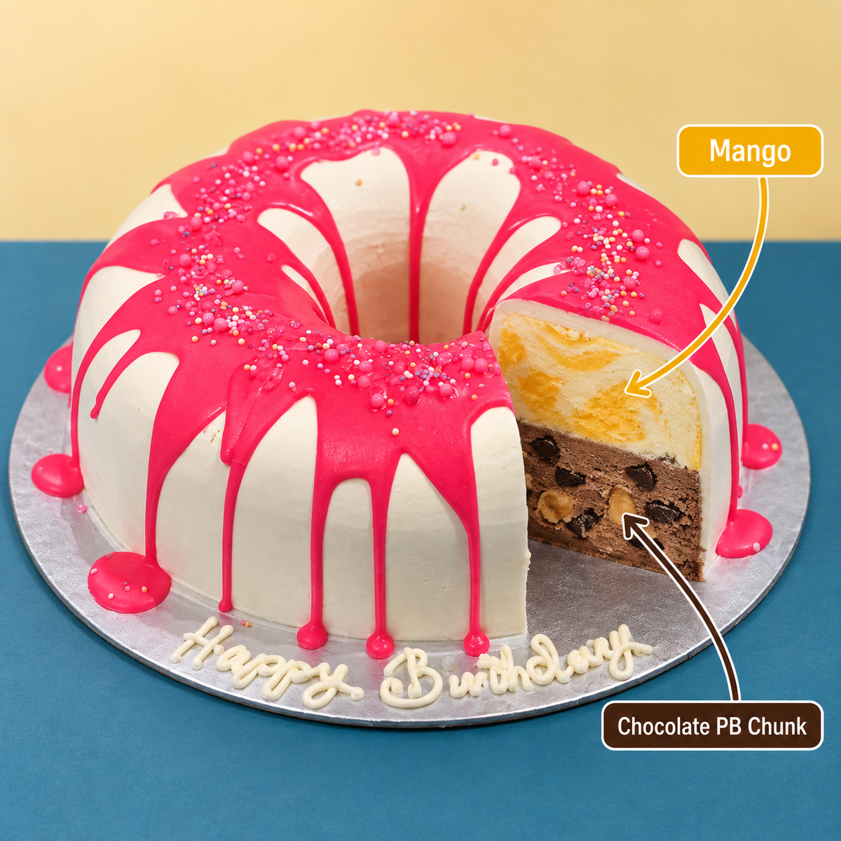 front view of Donut ice cream Cake with two ben & jerry's ice cream flavours inside