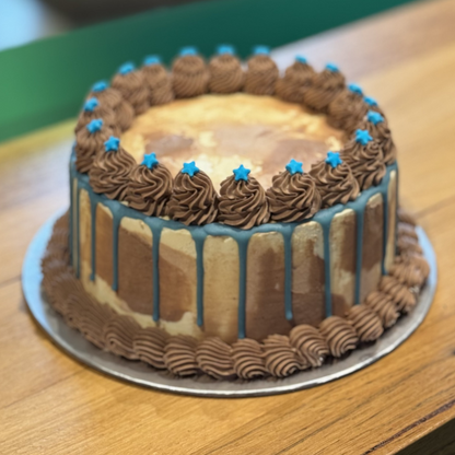 front view of a handcrafted blue and white Father's Day ice cream cake made using Ben & Jerry's ice cream in Adelaide, perfect for family celebrations.