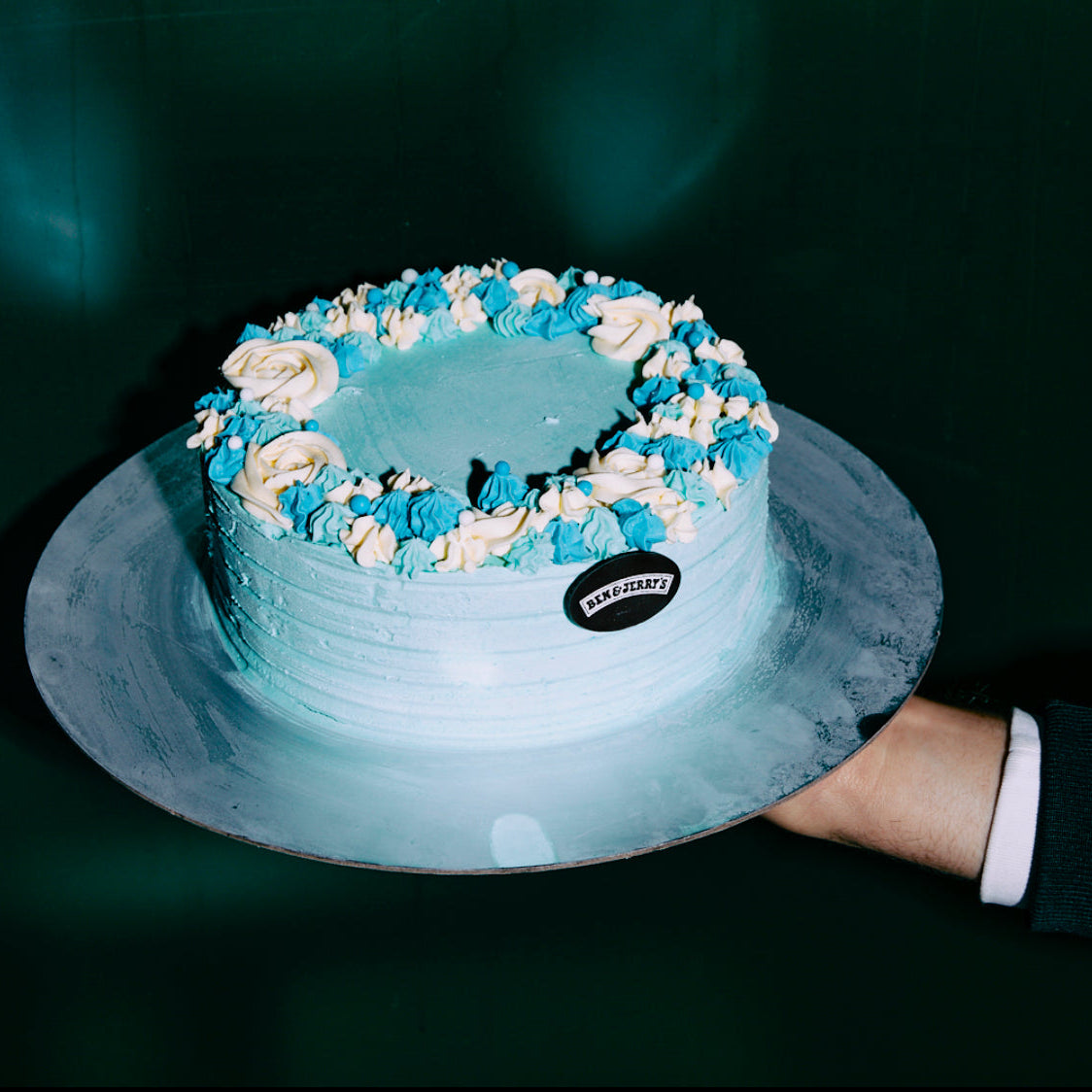 front view of a handcrafted blue and white Father's Day ice cream cake made using Ben & Jerry's ice cream in Adelaide, ideal for a family celebration.