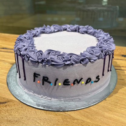 Front view of a Friends-themed birthday cake made with Ben & Jerry's ice cream in Adelaide, showcasing its iconic television-inspired styling.