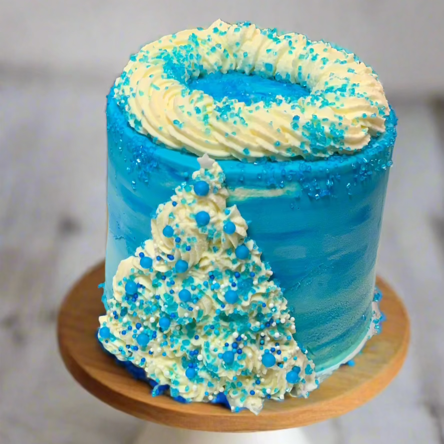 Front view of a tall Elsa-themed birthday cake made with Ben & Jerry's ice cream in Adelaide, showcasing its enchanting Frozen-inspired styling.