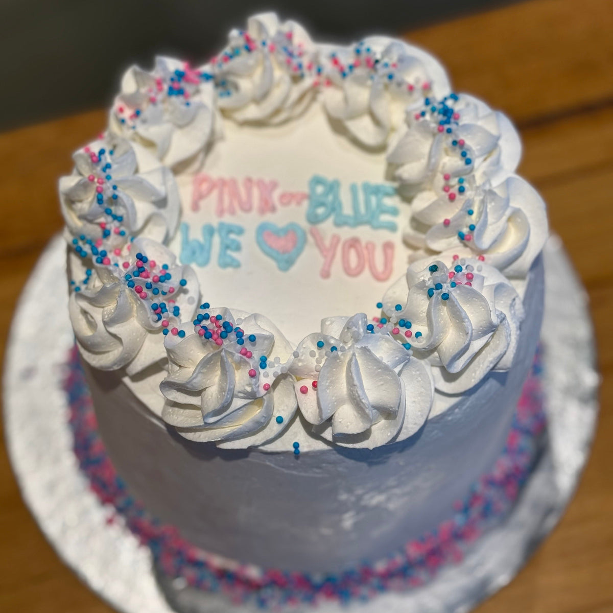 top view of Gender Reveal Cake Design #1, handcrafted in Adelaide using Ben & Jerry's ice cream for a special baby reveal celebration.