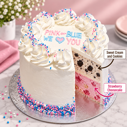 front view of Gender Reveal ice cream Cake Design #1 with two ben & jerry's ice cream flavours inside