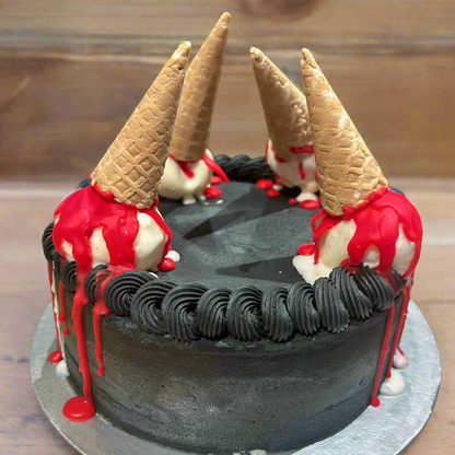 Front view of a Halloween birthday cake made with Ben & Jerry's ice cream in Adelaide, showcasing its dramatic blood-effect cone decorations.