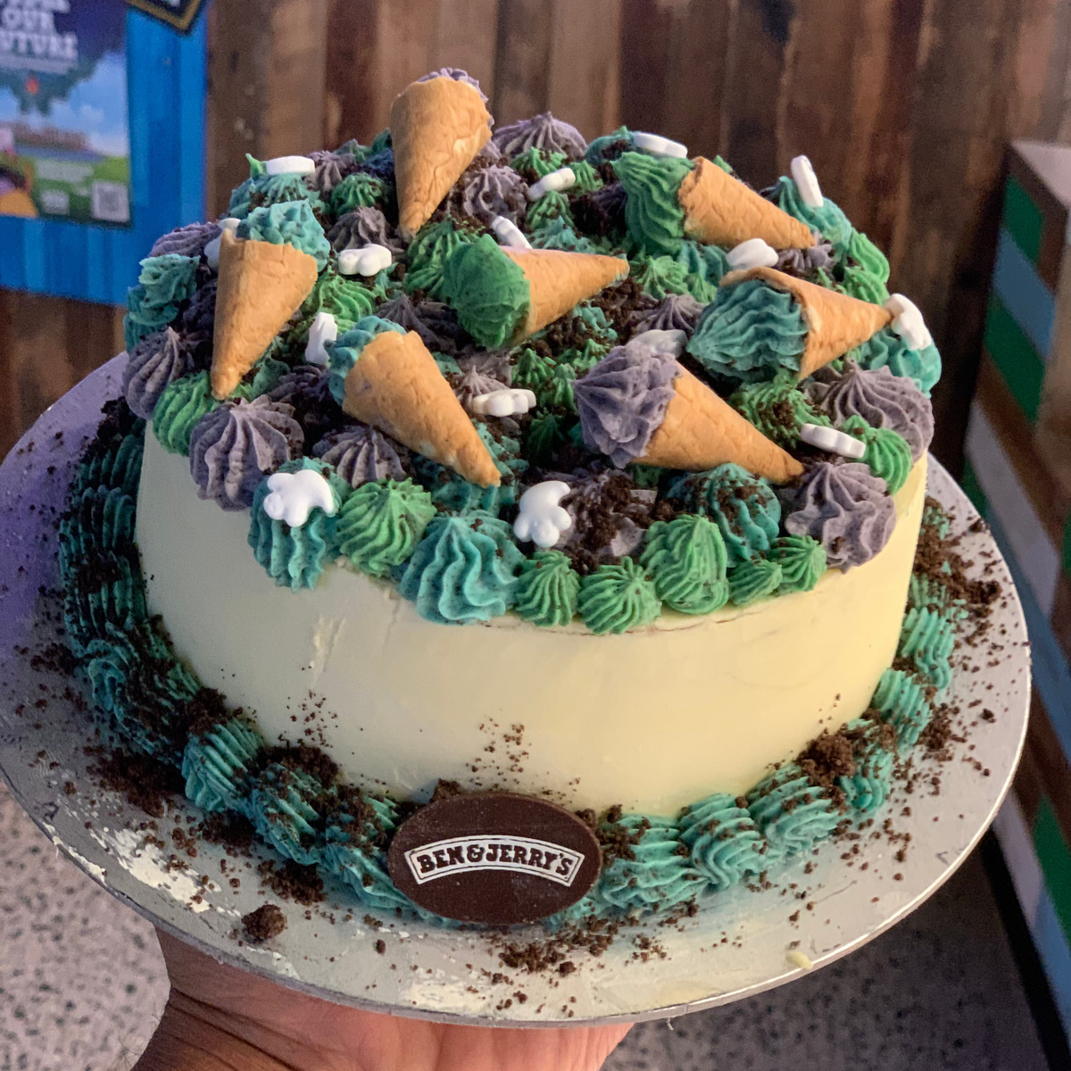 Full view of a Halloween Scary Cones cake handcrafted in Adelaide using Ben & Jerry's ice cream, featuring spooky ice cream cone-inspired decorations.