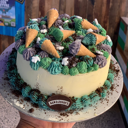 Full view of a Halloween Scary Cones cake handcrafted in Adelaide using Ben & Jerry's ice cream, featuring spooky ice cream cone-inspired decorations.