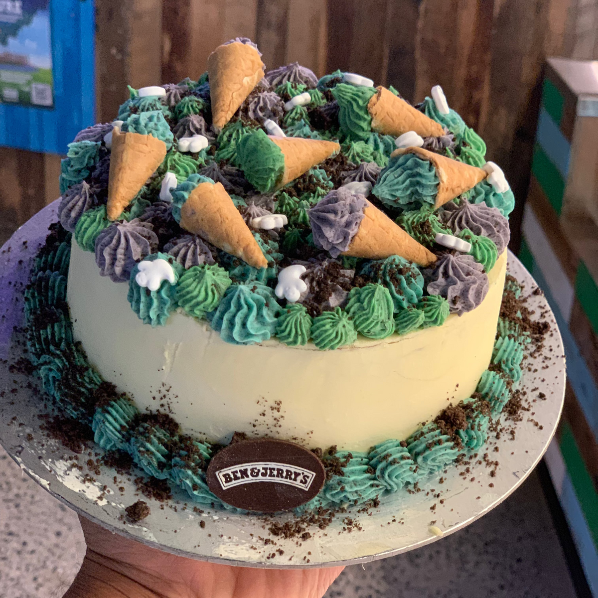 Front view of a scary cone-themed Halloween birthday cake made with Ben & Jerry's ice cream in Adelaide, showcasing its playful spooky design.